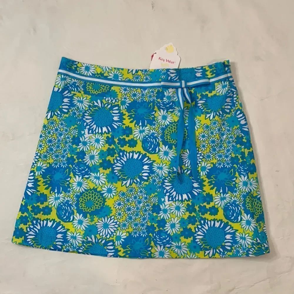 Key West Sz 8 Woman’s Summer Skirt Blue Yellow White Floral Side Zipper Lined